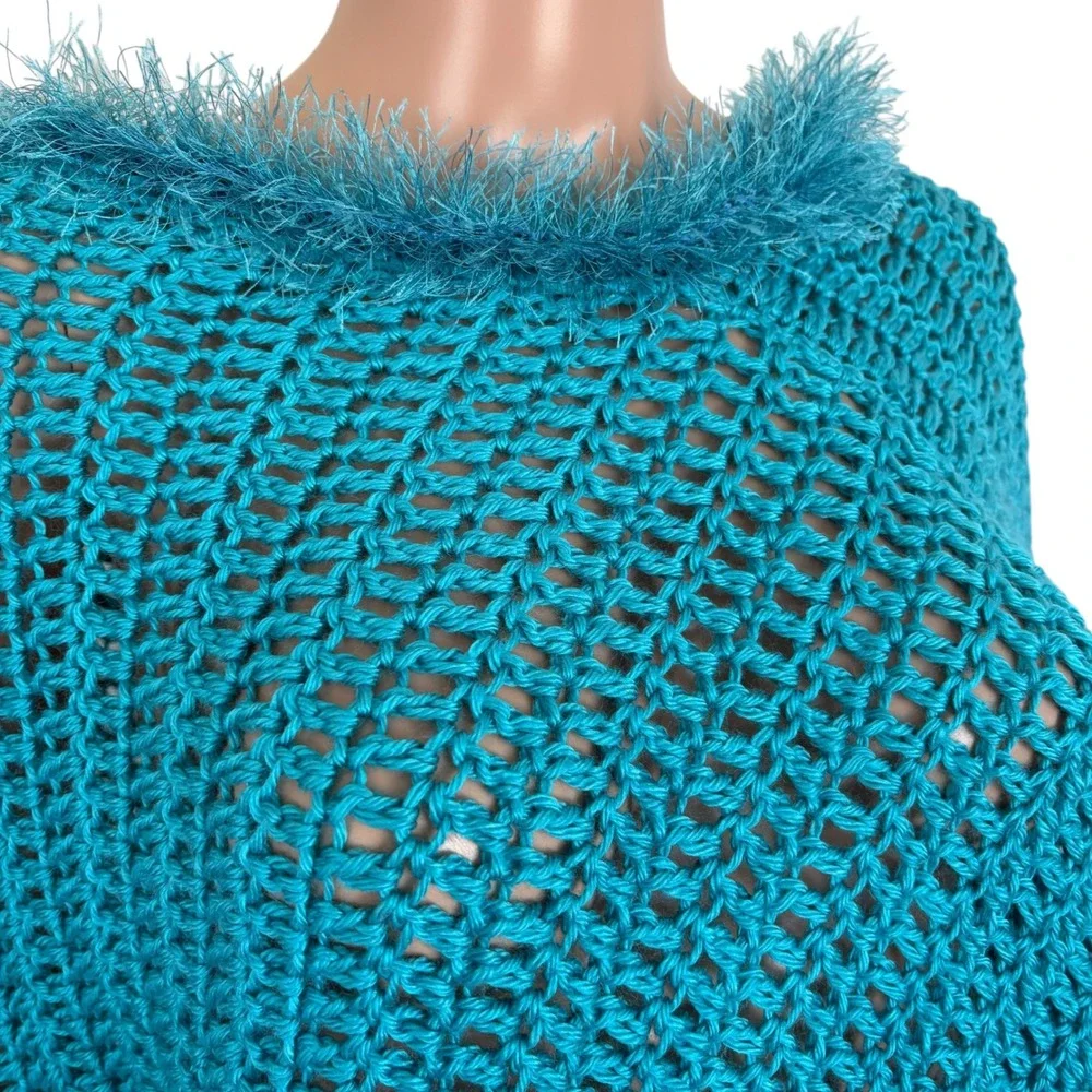 Handmade Teal Crochet Poncho Eyelash Fringe Trim Boho Open Knit Wrap Whimsigoth
